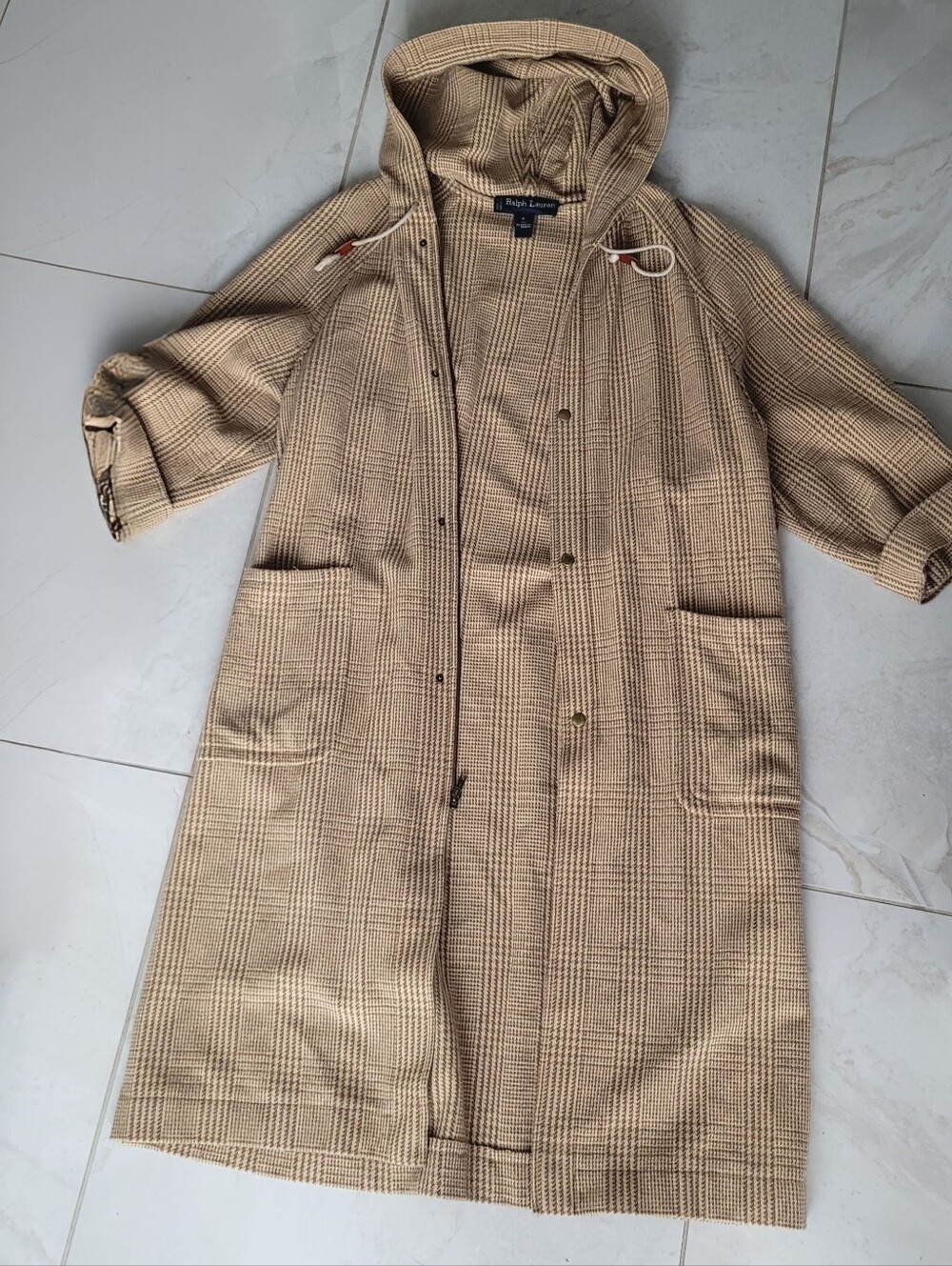 Vintage Ralph Lauren Plaid Wool Duster Coat Hooded Waffle Trench Jacket - Picture 4 of 11